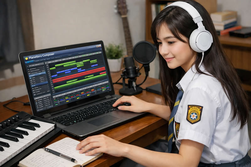 Seorang komposer muda sedang menciptakan musik dengan Planetbiru Composer
