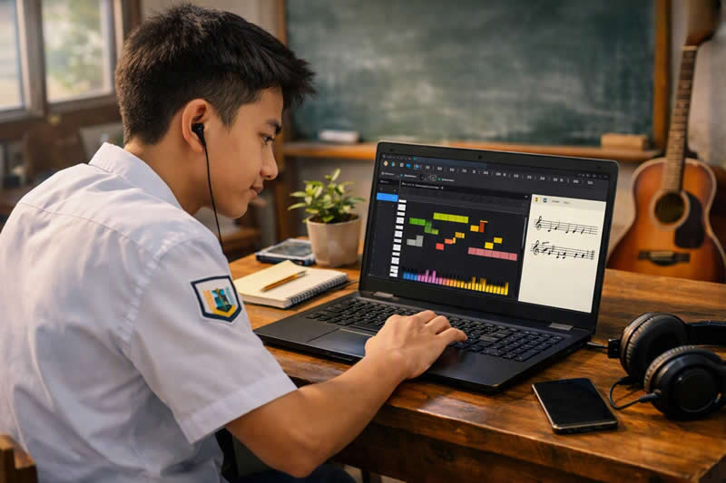 Seorang komposer muda sedang menciptakan musik dengan Planetbiru Composer