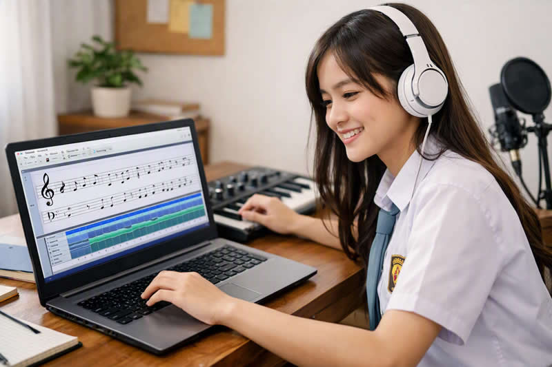 Komposer sedang mengembangkan karya musik dengan Planetbiru Composer