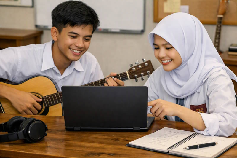 Seorang komposer muda sedang menciptakan musik dengan Planetbiru Composer
